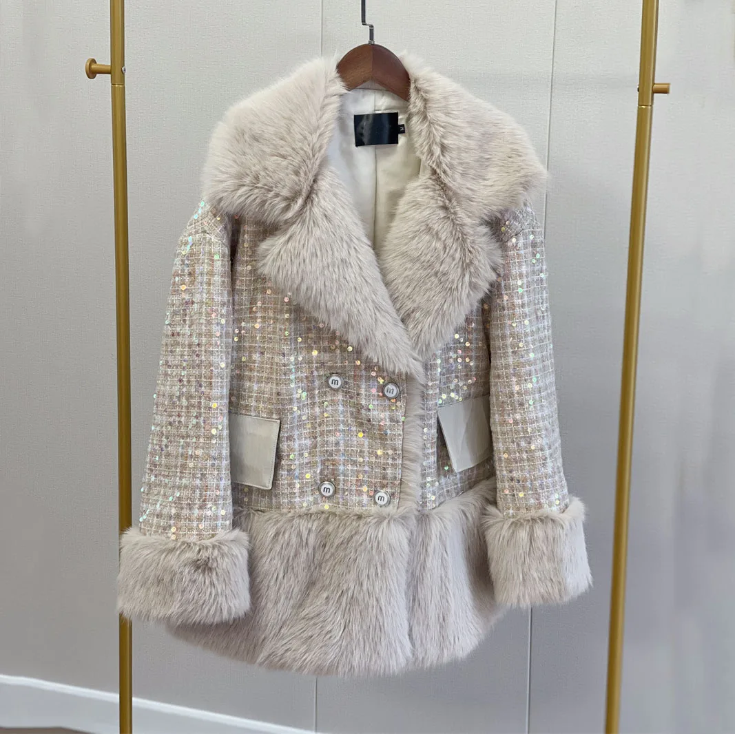 Faux Fur Coat Women 2022 Winter Patchwork Sequins Long Tweed Jackets Female Casual Elegant Loose Turn Down Collar Pink Outwear