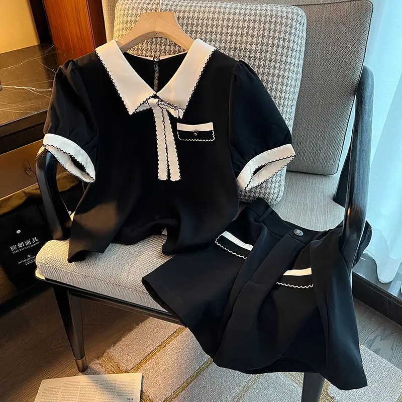 

2023 New Summer Women's Sweet Bowknot Shirts Shorts Two Piece Set Korean Student Elegant Tops High Waist Pants Outfits C14