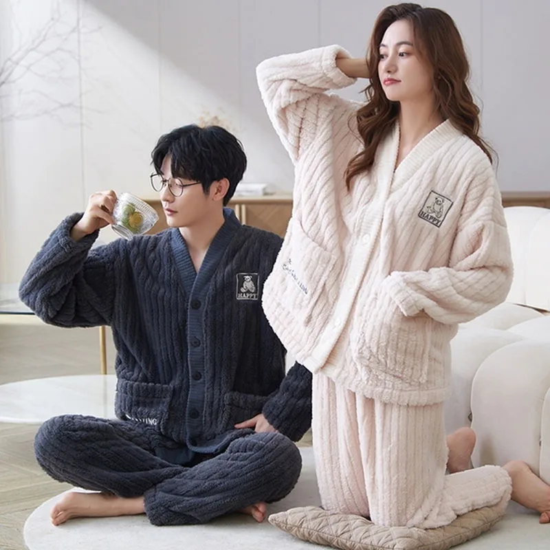QUHENG 2022 Winter Long Sleeve Thick Warm Flannel Pajama Sets for Men Coral Velvet Sleepwear Suit Pyjamas Homewear Clothes