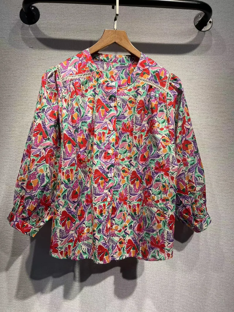 

French New Unique Cotton Pastoral Style Printed Round Neck Bat Sleeve Fragmented Flower Shirt for Women