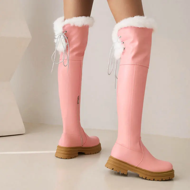 Женские теплые зимние сапоги выше колен белые розовые с искусственным мехом и