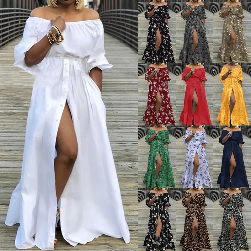 

Women's Hem Dress Slash Neck Strapless Elegant Off Shoulder Floral Print Slit Waist-Controlled Large Long Loose Maxi Dress Boho