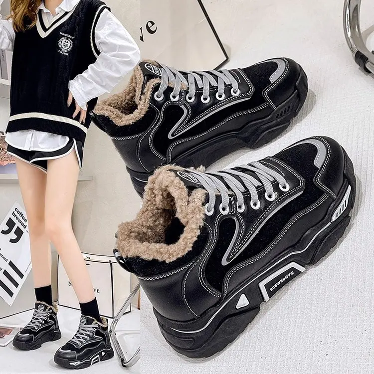 

2022 winter new high-top shoes women's shoes round head artificial short plush PU lace-up rubber heel shoes