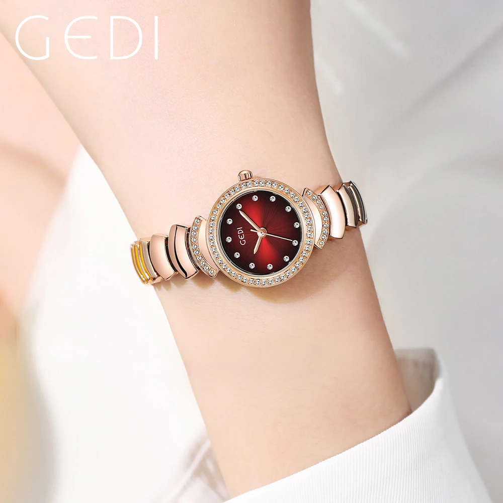GEDI Waterproof Stainless Steel Women Bracelet Watch Luxury Fashion Full Diamond Small Rose Gold Ladies Quartz Watches Gift 2023