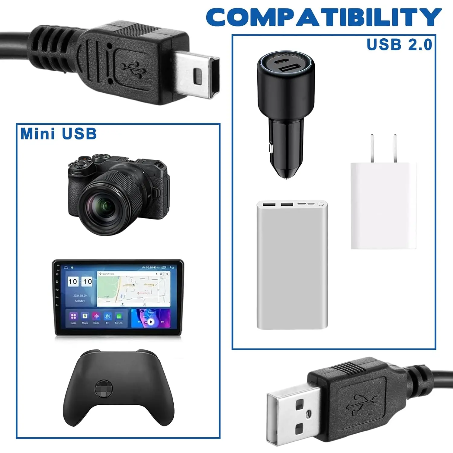 Фото 2 шт. мини-USB-кабели, стандартный USB 2.0 кабель-переходник Mini B (штекер) для зарядки, совместимый с игровыми контроллерами, MP3-плеерами, цифровыми камерами №3