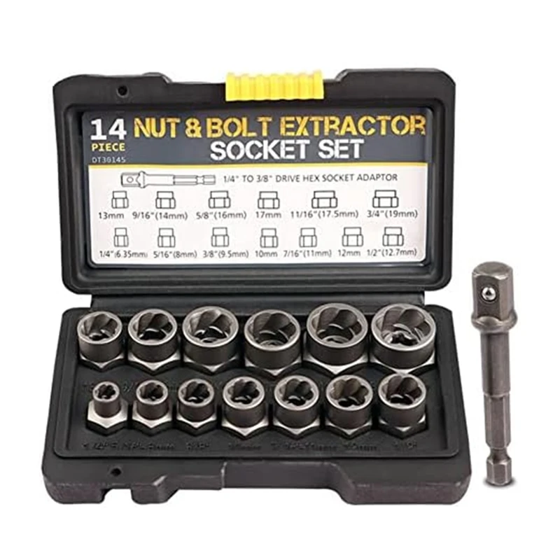 

14 PCS Lug 3/8Inch Drive Impact Bolt Nut Extractor Set Black Steel Nut Remover Kit 1/4Inch-3/4Inch Twist Socket Tool Set