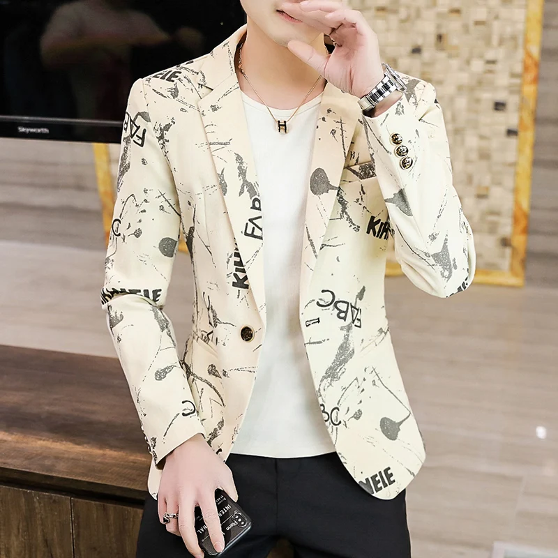 

Men's Suit Jacket New Fashion British Style Pure Color Printing Pattern Striped Slim Casual Men Clothing Suit Jacket Man Blazer