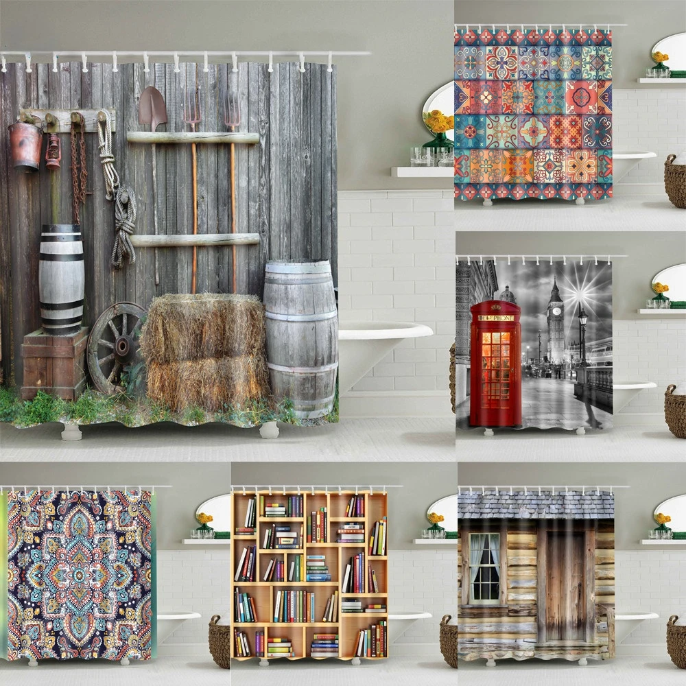 

Mandala Geometric Vintage Style Wooden House Bookshelf Shower Curtains Bathroom Curtain Waterproof Polyester Cortina Ducha Baño