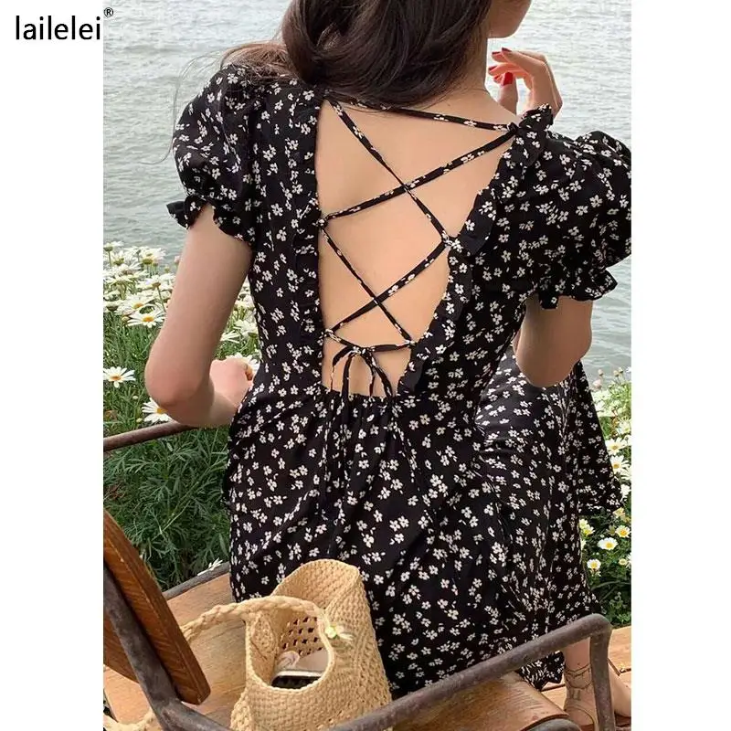 

Винтажное шифоновое платье-трапеция средней длины, с квадратным вырезом, оборками, открытой спиной и перекрестными завязками