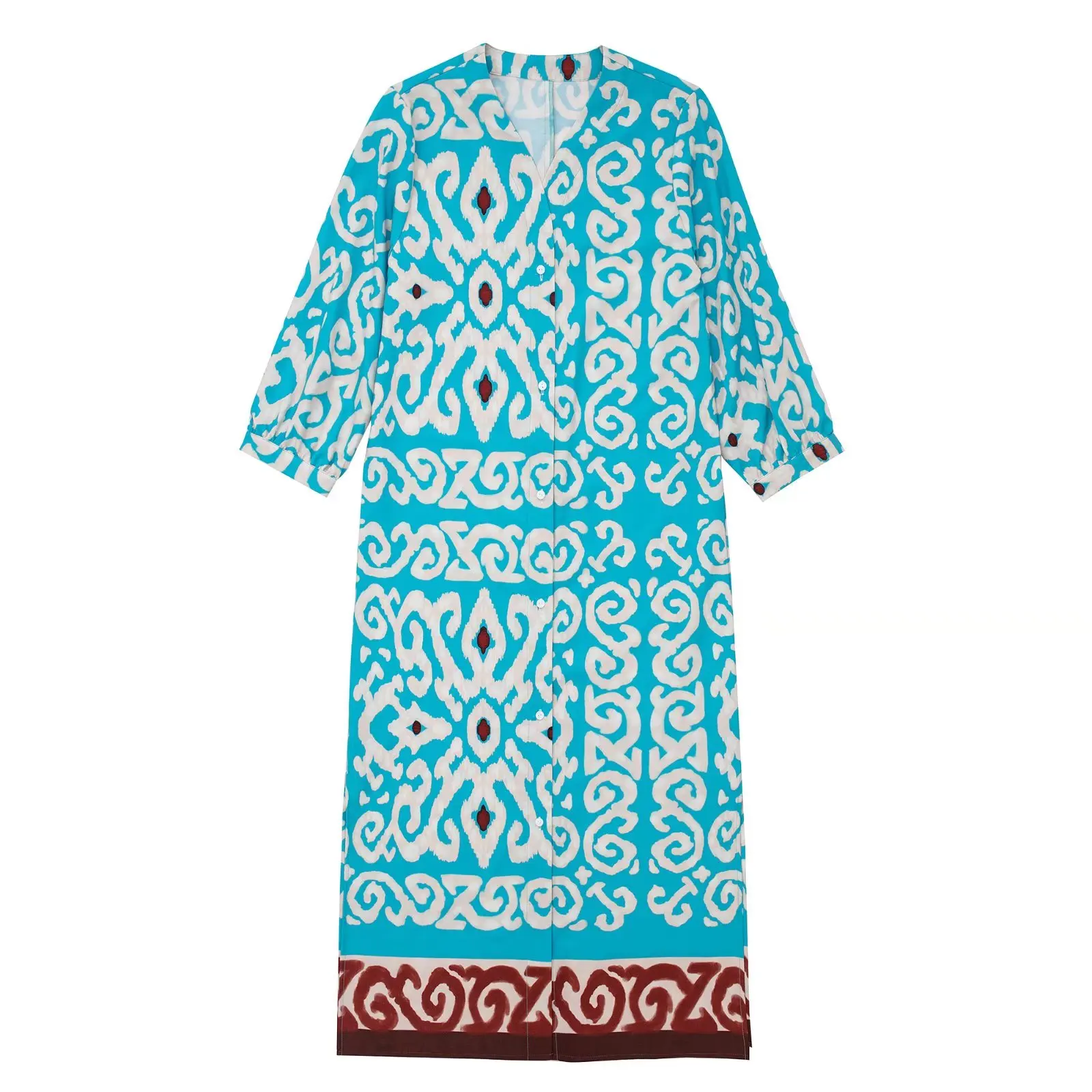 

2022 Women Fashion Front Buttons Printed Midi Dress Vintage Three Quarter Sleeve Split Hem Female Dresses Vestidos Mujer