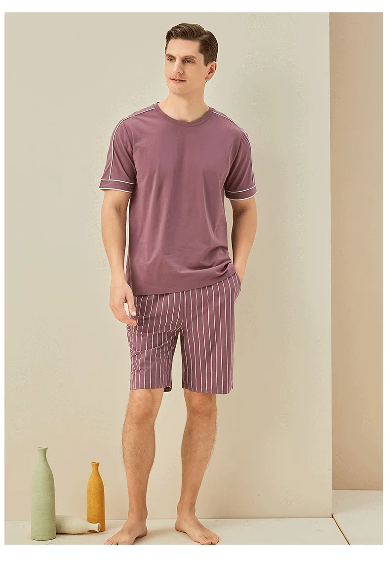 Knitted Cotton Men's Pajamas Two Piece Set Stripe Short-sleeved Top Shirt Loose Casual Shorts Home Clothes Sleep Wear Men Pajama