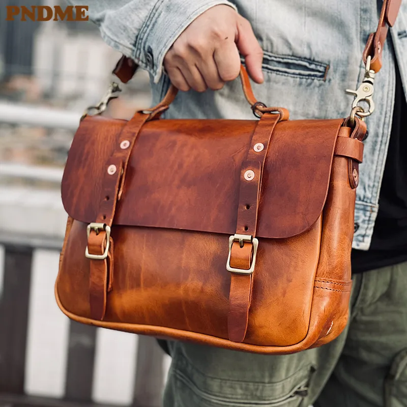 PNDME top quality genuine leather men's shoulder messenger bag outdoor casual business travel luxury work real cowhide handbag