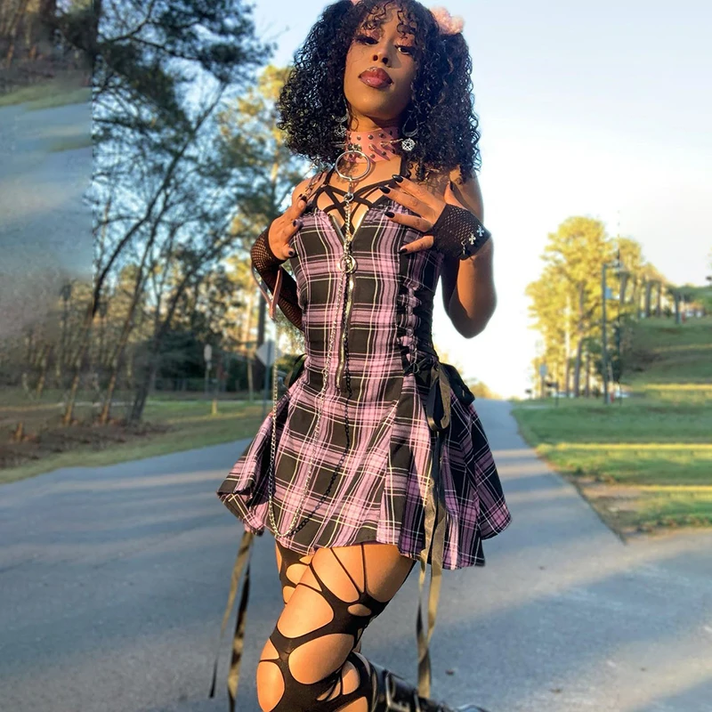 

Helisopus Gothic Harajuku Women Mini Dresses Plaid Drawstring Grunge Punk Party Dress Y2K Backless High Waist A-line Mini Dress