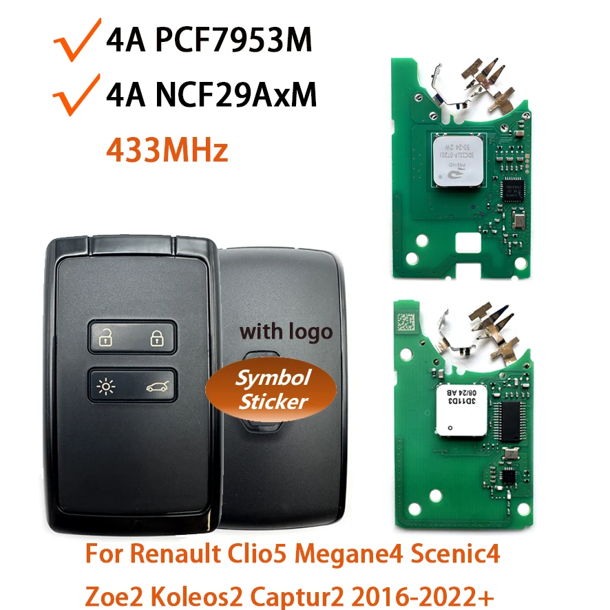 

4A PCF7953M NCF29AxM 433 МГц бесконтактный умный автомобильный дистанционный ключ для Renault Clio5 Megane4 Scenic4 Zoe2 Koleos2 Captur2 2016-2022+