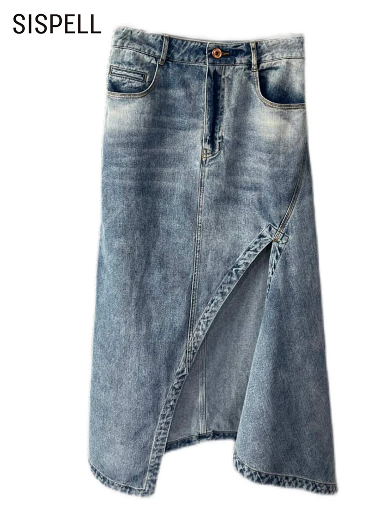 

SISPELL Blue Denim Skirt For Women High Waist Button Pockets Irregular Split Minimalist Skirts Female 2022 Summer Clothing New