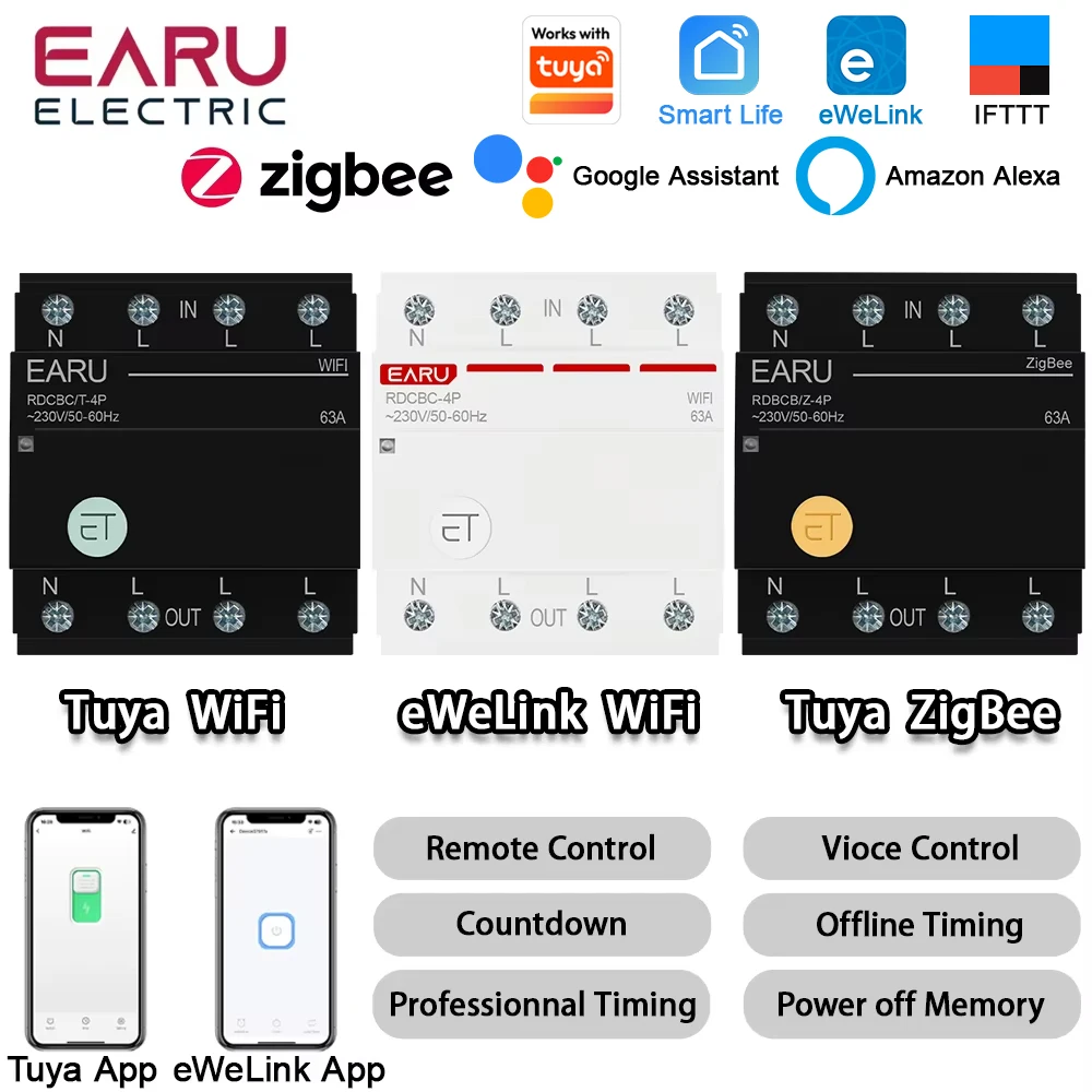 

Автоматический выключатель EARU Tuya eWeLink WiFi ZigBee 3P+N с таймером