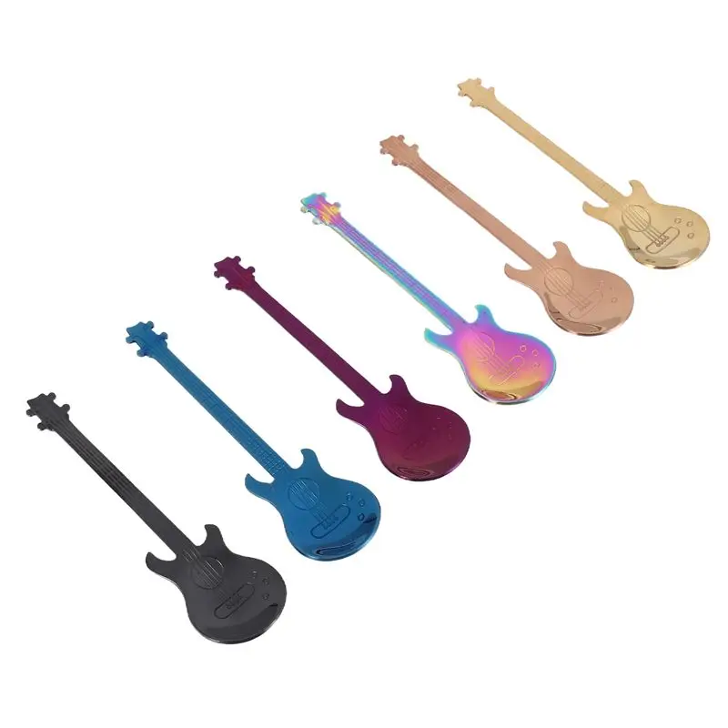 Фото Кофейные ложки BHTS-Guitar, 6 штук, креативные милые ложки из нержавеющей стали в форме гитары (разноцветные) №3