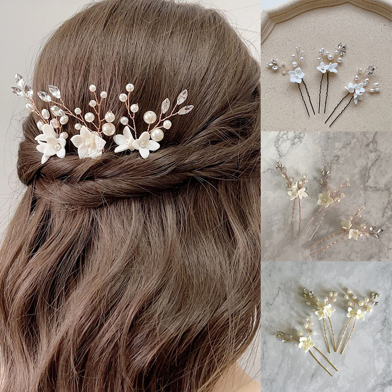 

3Pcs White Flower U Shaped Hairpin Women Hair Accessories Bridal Hairstyle Crystal pearl Hair Clip Wedding Hair Clips Headpieces