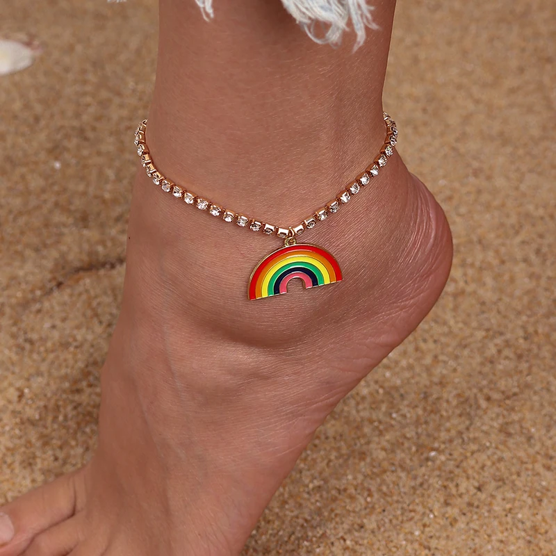 

Simple Boho Luxury Clear Rhinestones Chain Charm Rainbow Anklets for Women Beach Foot Accessories Barefoot Sandals Bracelet