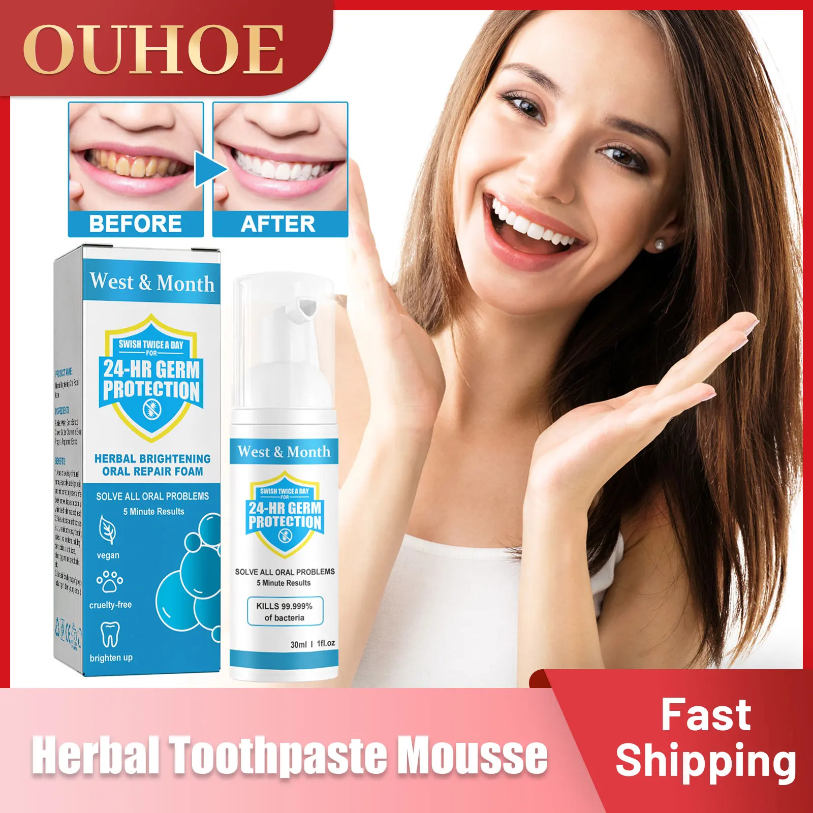 

Teeth Whitening Foam Toothpaste Herbal Cleansing Mousse Remove Stains Bad Breath Brightening Oral Repair Deep Clean Tooth 30ml