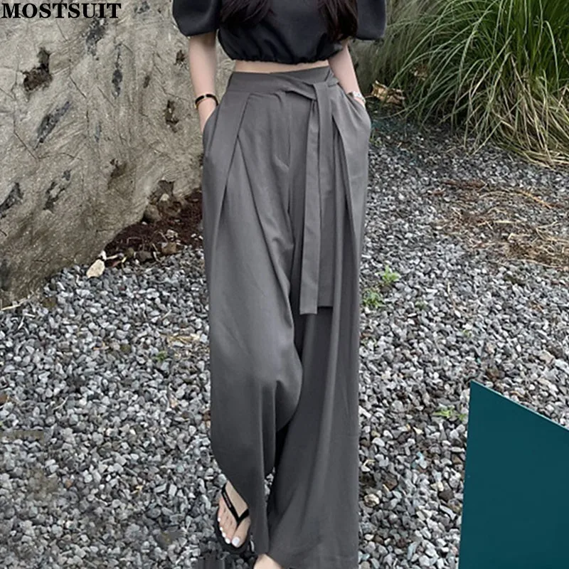 

High Waist Wide Leg Pants Trousers Women Korean Fashion Workwear Belted Full-length Pants Solid Loose Ladies Chic Women Trousers