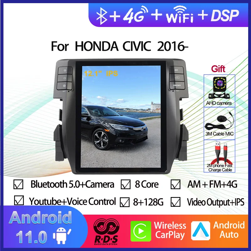 

8G+128G Car Radio Tesla Style Android 11 Car GPS navigation for Honda Civic2015-2022 Auto Radio Stereo Multimedia Player