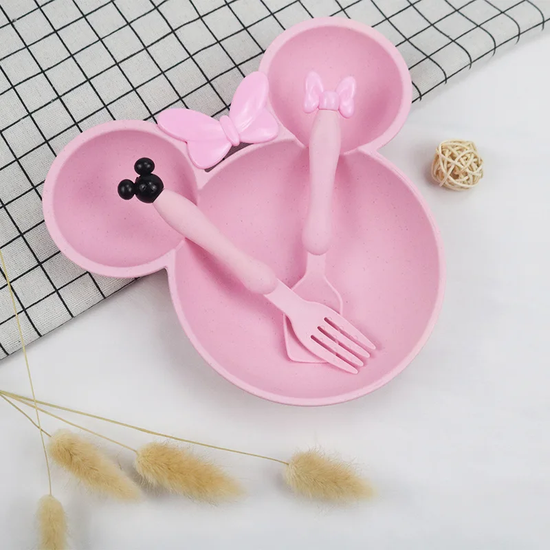 

3pcs Wheat Straw Baby Cartoon Tableware Set Children's Dishes Kids Dinner Platos Baby Feeding Plate Training Bowl Spoon Fork