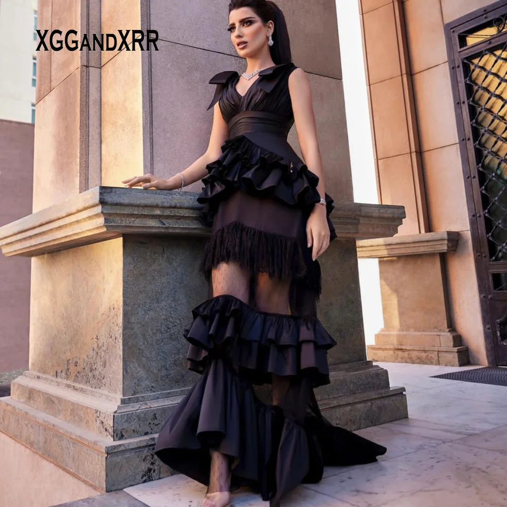 

In Fashion Black Layers Long Evening Dress 2022 V Neck Bow Pleats Illusion Design Ruffle Elegant Prom Party Gown Saudi Arabia