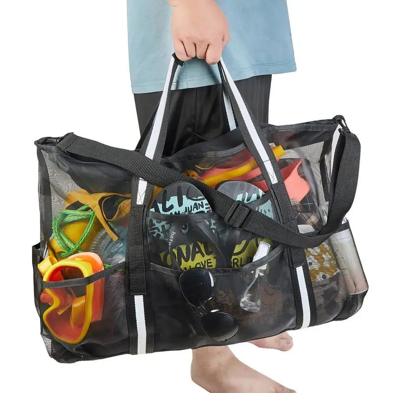 

Сетчатая хозяйственная сумка нейлоновая Сетчатая Сумка для пляжа, сумки с противопесочным дном и металлической пряжкой, водонепроницаемая сумка большой емкости с ручным ремешком для