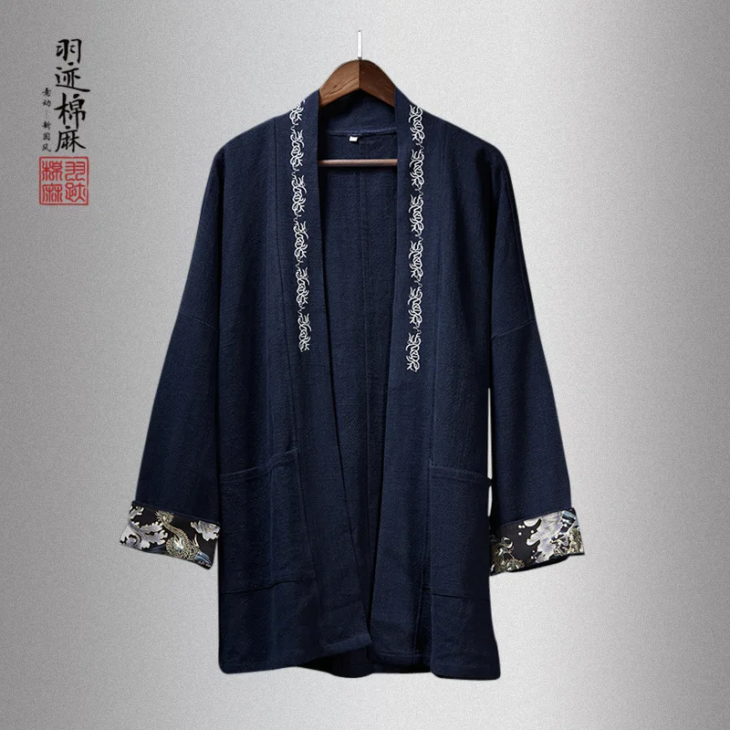 Chinese Style Men Linen Embroidered Retro Trench Coat Men's Loose Cardigan Mid-length Coat Men Jacket
