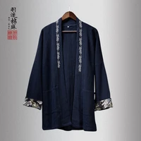 chinese style men linen embroidered retro trench coat mens loose cardigan mid length coat men jacket