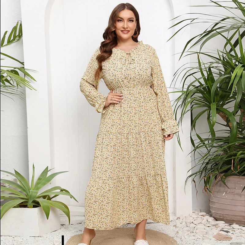 

2022 Plus Size Printed Dress French Holiday Style Autumn Winter Lace Round Neck Petal Sleeve Printed Elegant Women's Dress