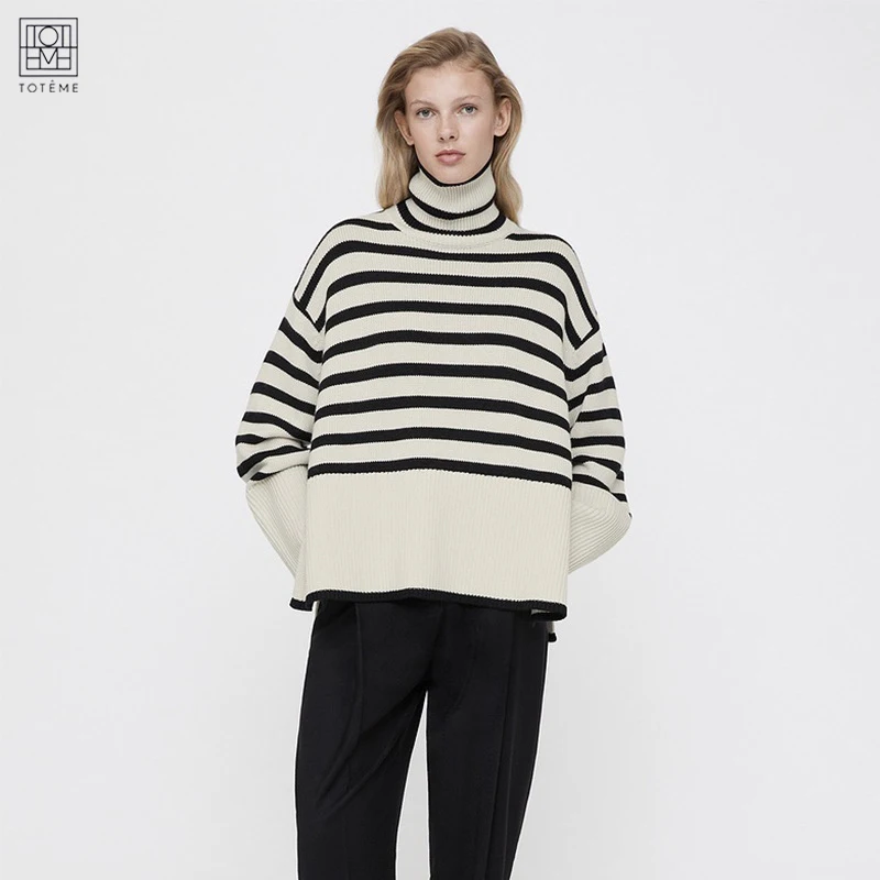 

Женский шерстяной свитер в полоску, с высоким воротником и спущенными плечами