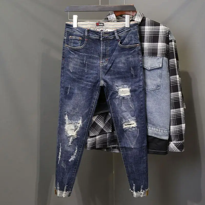 Джинсы мужские рваные с венчиком и потертостями оригинальные облегающие синие