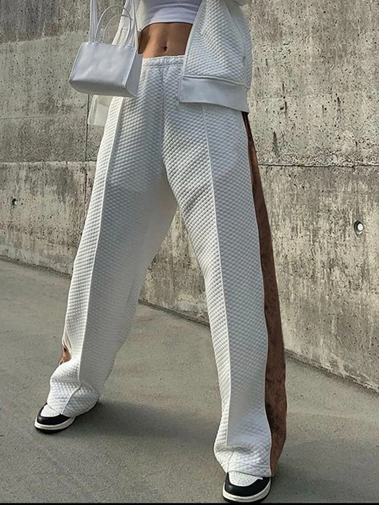 

Sunny Side Contrast Stitch Patchwork Wide Leg Sweatpants Winter Baggy Mom Homewear Elastic Low Waist Casual Harajuku Joggers