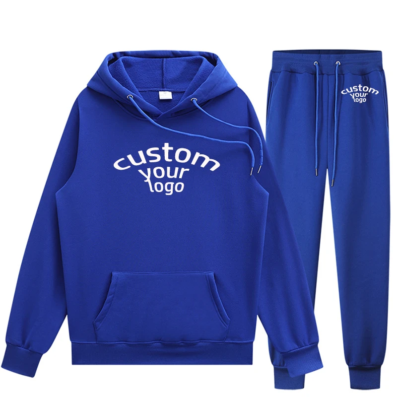 Custom Logo Solid Couple Set New Hooded Pocket Sweater Cotton Loose Men's Pants Long Sleeve Set Fashion Casual Male Clothing