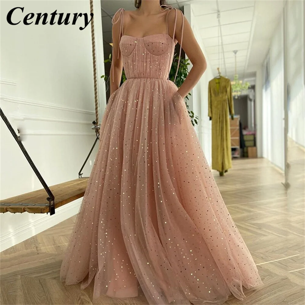 

Century Pink Long Prom Dress Sweetheart Spagetti Straps Stars Sequined Celebrate Dress A-Line Pleated Draped Arab Evening Dress