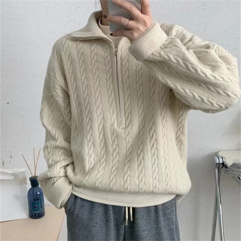 Модный вязаный свитер женский свободный пуловер на молнии с воротником-стойкой