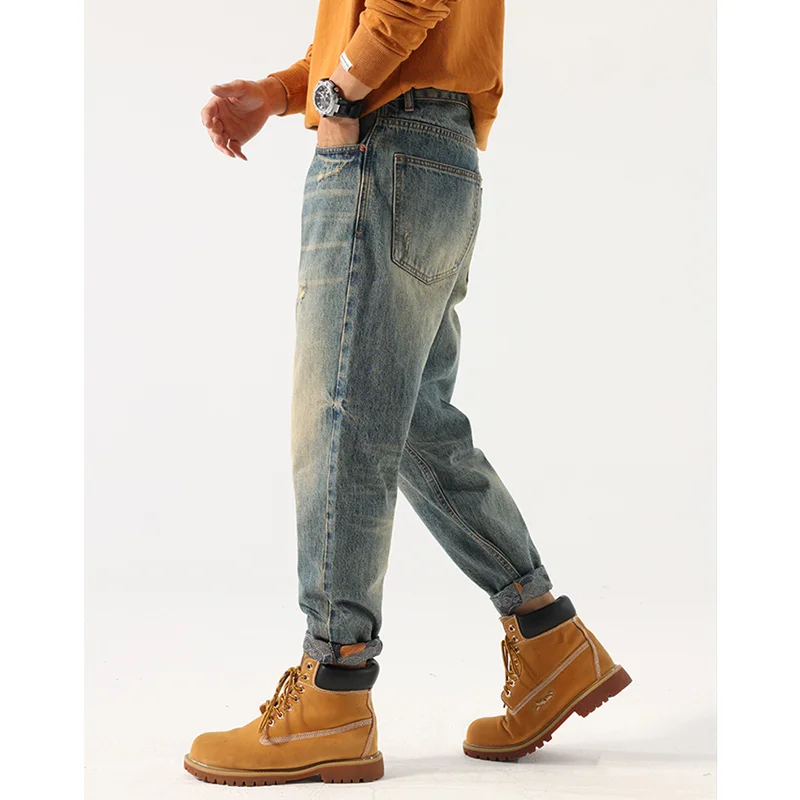 Streetwear Men 2022 New Pattern Vintage Recreational Blue Jeans Loose Straight Cylinder Broad Leg Ripped Trousers Autumn Female