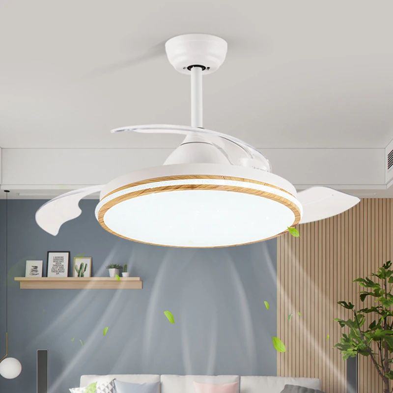 

White modern simple Nordic intelligent LED fan light bedroom living room invisible night light ceiling fan light