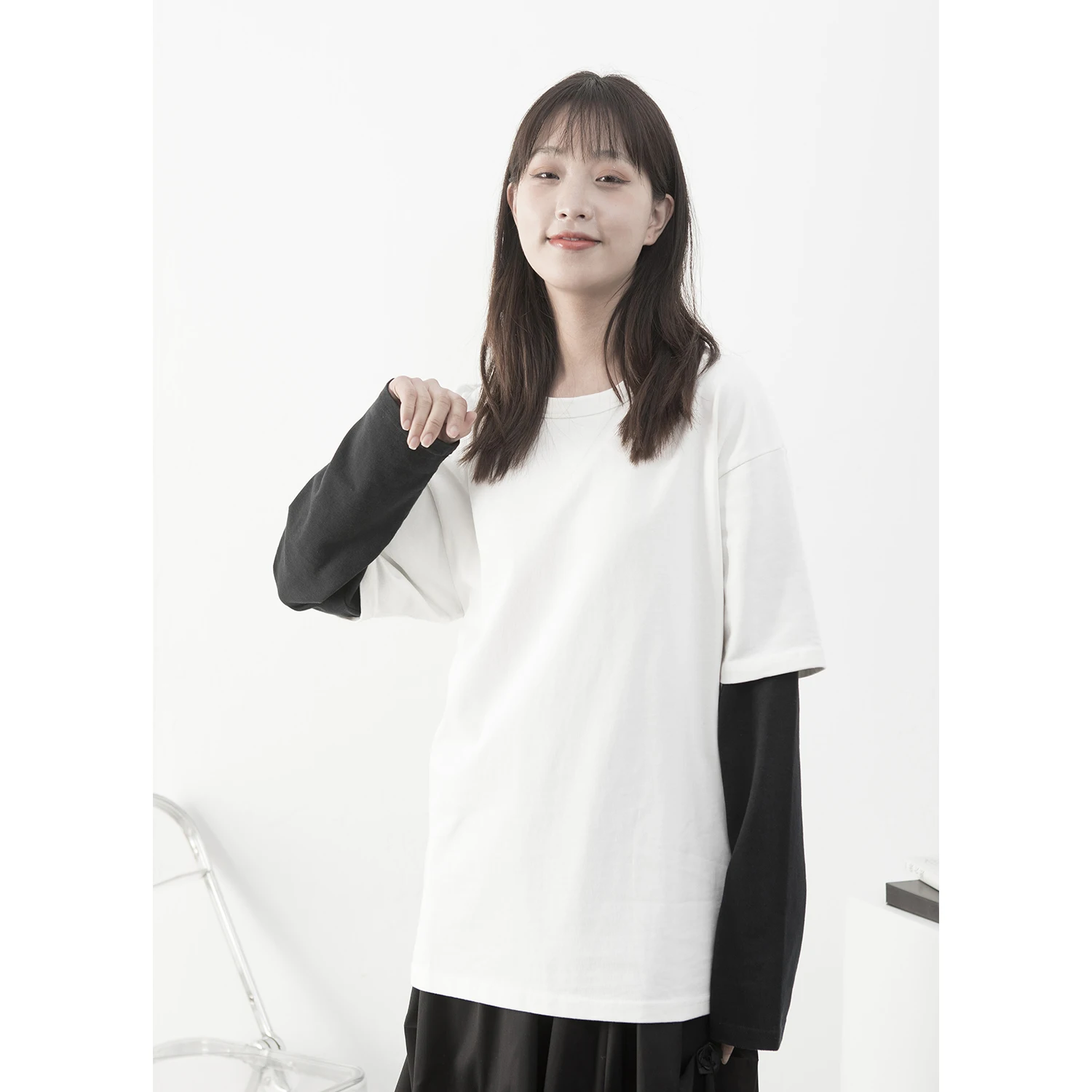 

Women's Fake Two Long Sleeved T-Shirts With Backing Fashion Retro Hong Kong Style Ins Loose Neutral Street Casual T-Shirt