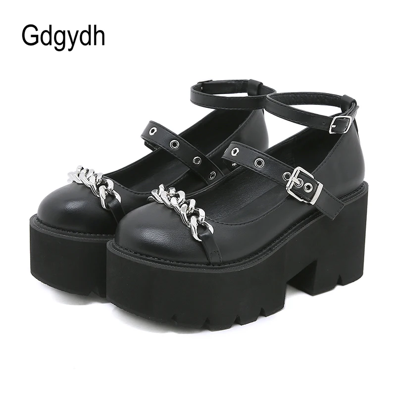 Gdgydh Lolita Shoes Mary Jane Round Toe Chunky Heel Platform Pumps for Women with Chain Plus Size Casual Footwear Comfortable