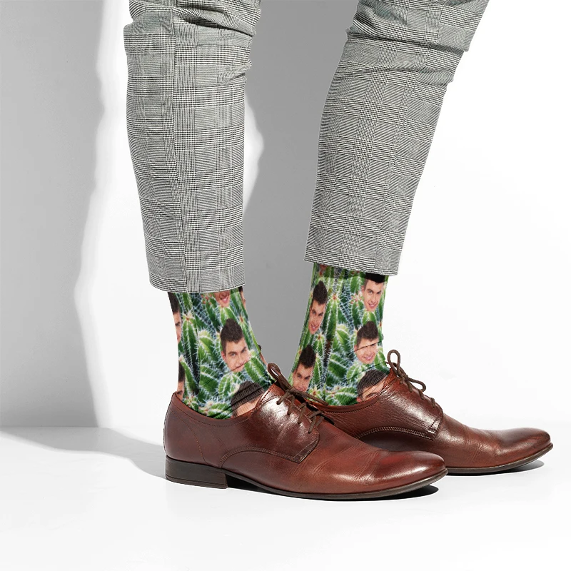 Creative Customized Cotton Socks Cactus Pattern And Your Face Custom Interesting Fashion Neutral Socks Multi Size Surprise Gift