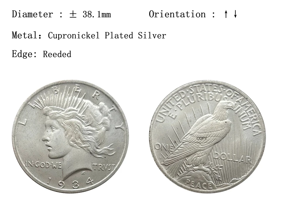 Копия монеты США 1 доллар мир 1934 года медная