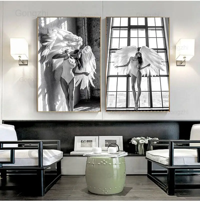 

Angel Wing Sexy Woman Posters and Prints Modern Black White Picture Bedroom Wall Art Canvas Painting Home Decor Living Room