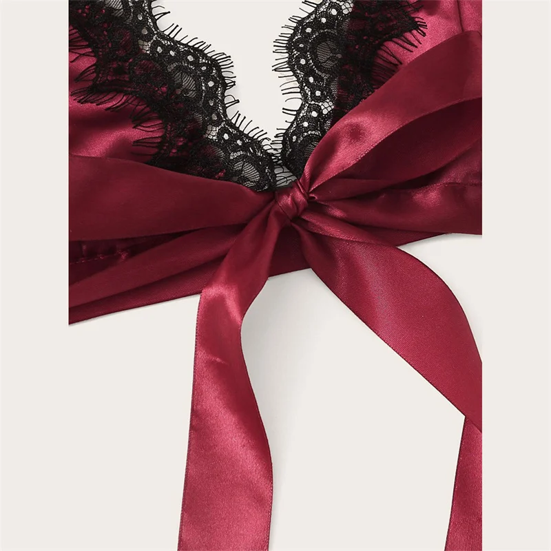 Sexy Bra Set Women's Pajamas Sleeveless with Lace Satin Halter Tops Pajama Sets Bra Women's Panty Set