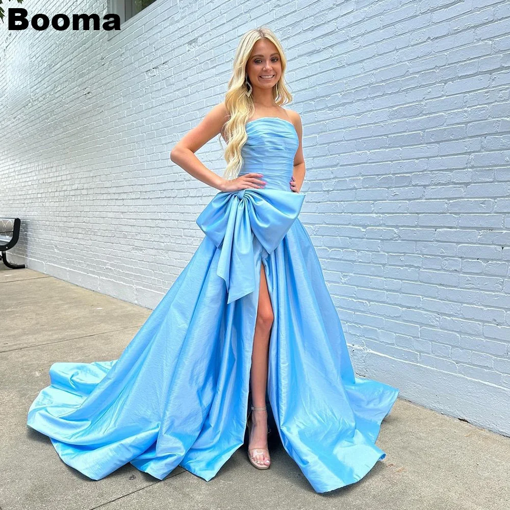 

Booma Baby Blue A Line Evening Dresses Strapless Leg Slit Prom Party Gowns Sweep Train Big Bow Events Formal Occasion Dresses