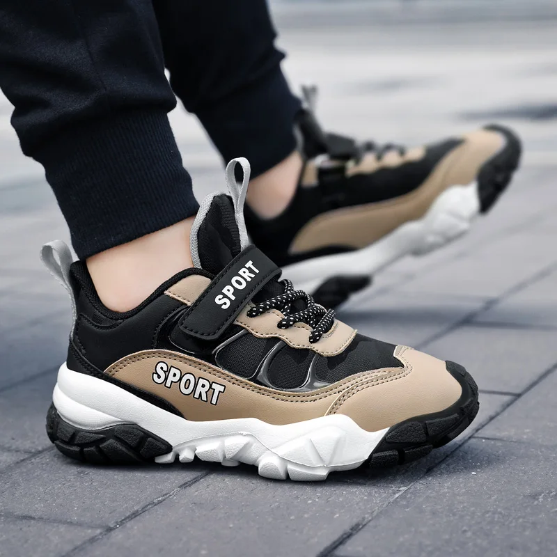 Children PU Breathable Sneakers 2022 Boys Girls Running Outdoor Sneakers Breathable Soft Bottom Kids Lace-up Jogging Shoes