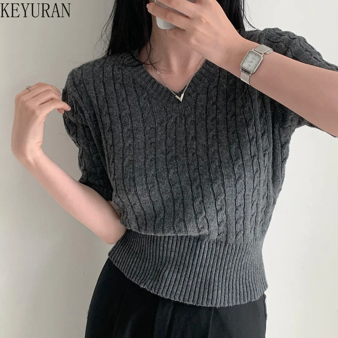 

Korean Twisted Knitted Short Sleeve Sweater Women 2023 Summer New Slim Waist V-neck Pullovers Knitwear Tops Jumpers Sueter Mujer