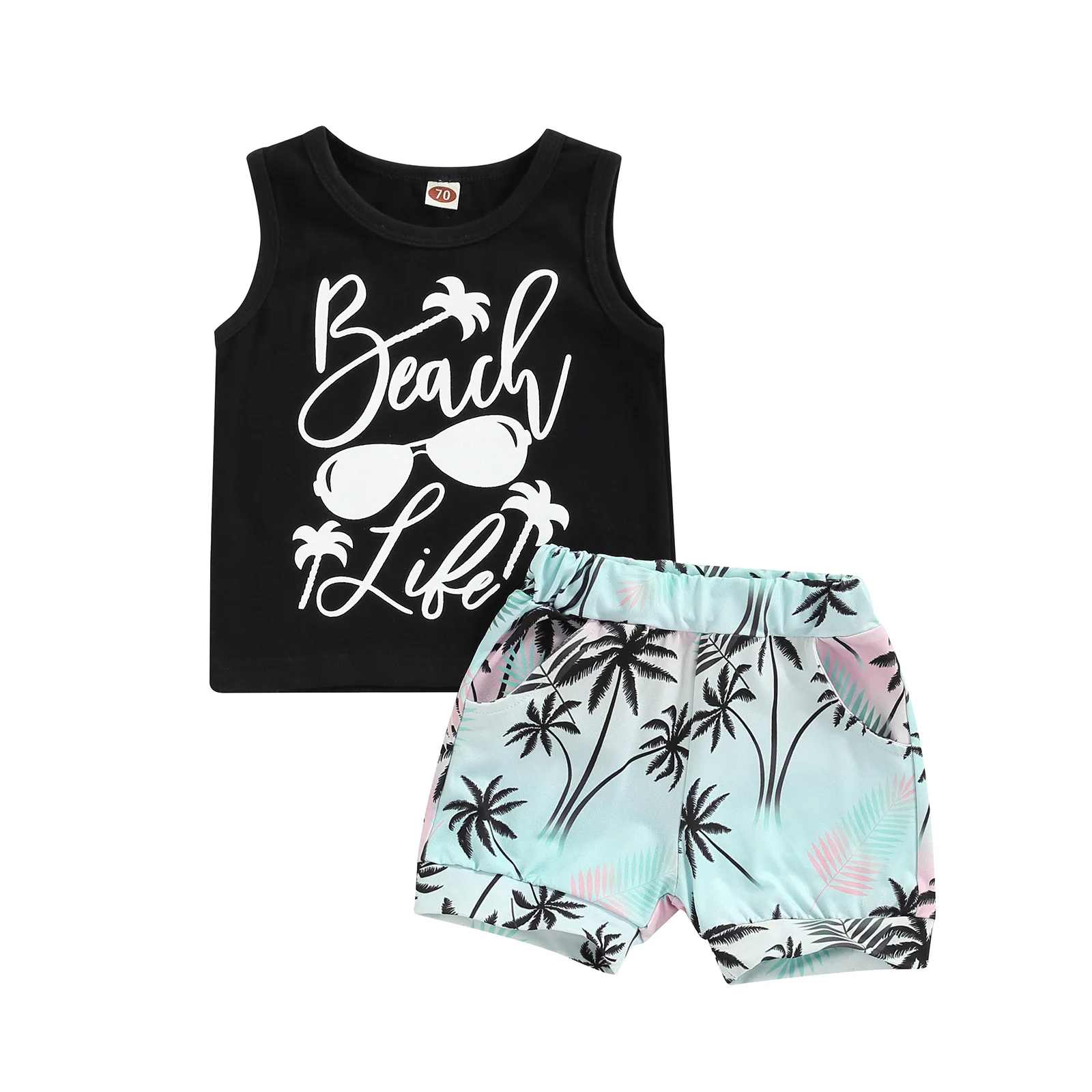 

Infant Baby Boys 2 Pieces Outfits, Beach Style Letter Print Sleeveless Tank Tops + Tree Print Shorts Summer Set